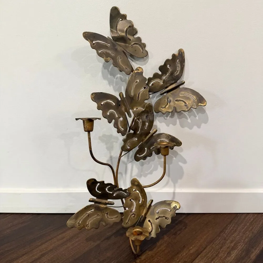 Vintage MCM Brass Butterfly Candle Holder Scone Wall Hanging Decor